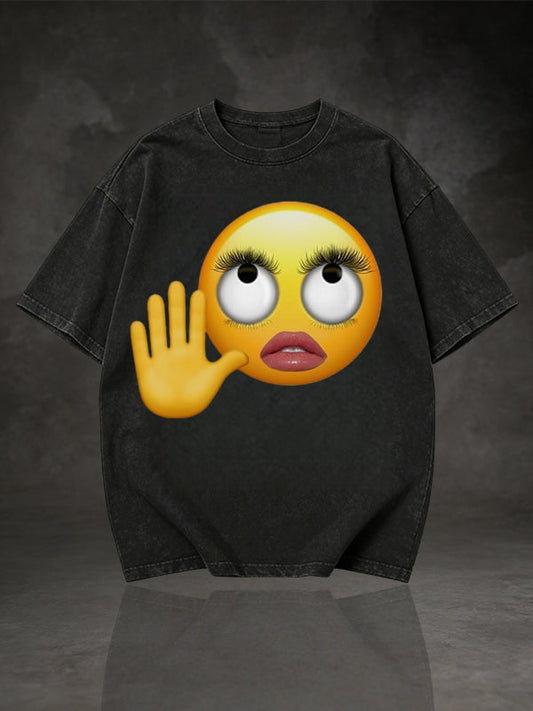 Men's Stop Gesture Big Eyes Emoji Graphic Short Sleeve T-Shirt