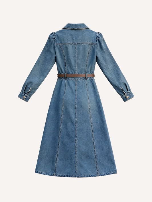 Luxury Style Collared Waist-Defining Casual Denim Dress