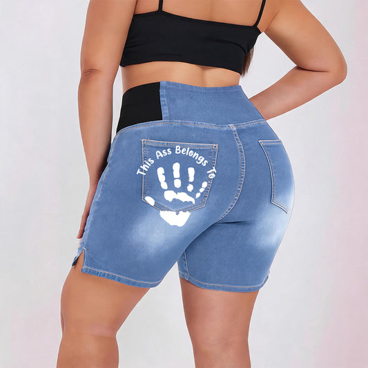 Custom Name Personalized Handprint Denim Shorts, High Waist Stretch Custom Text Butt Lifting Jean Shorts