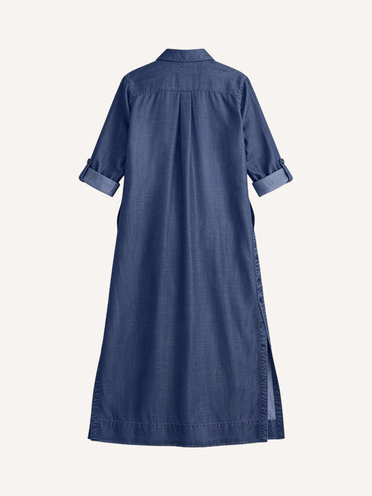 New denim dress with a turn-down collar and washed details