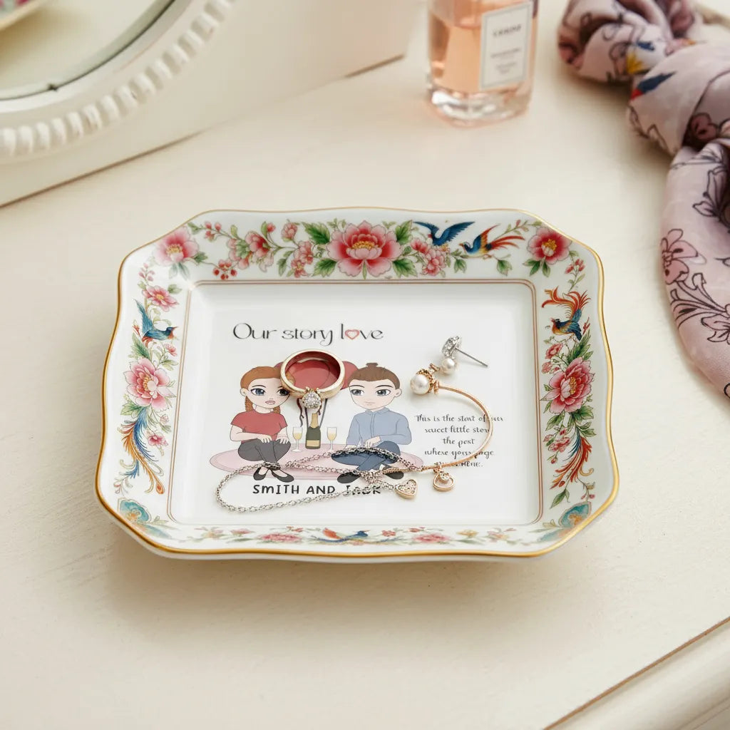 Custom  Photo Ceramic Trinket Tray with Elegant Floral and Phoenix Bird Border-Our stoty love