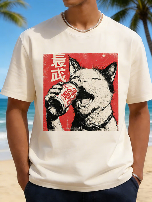 Vintage Japanese Drinking Cat Graphic T-Shirt