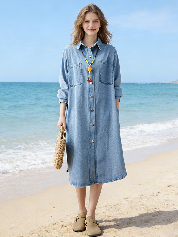 Loose-fit Shirt Dress with Lapel & Double Patch Pockets
