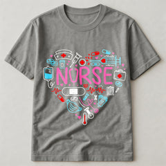 Heart Medical Tools & Stethoscope Letter Nurse Print Tee