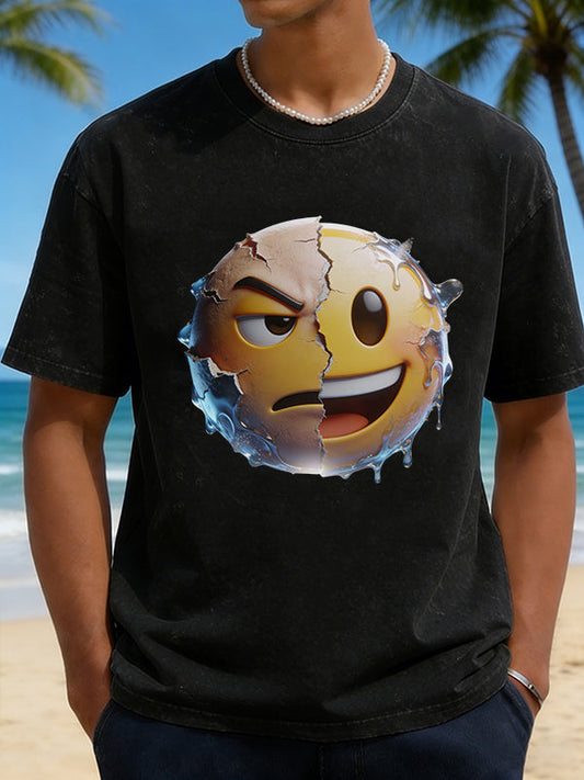 Men's Split Angry & Happy Emoji Cracked Effect Graphic Short Sleeve T-Shirt