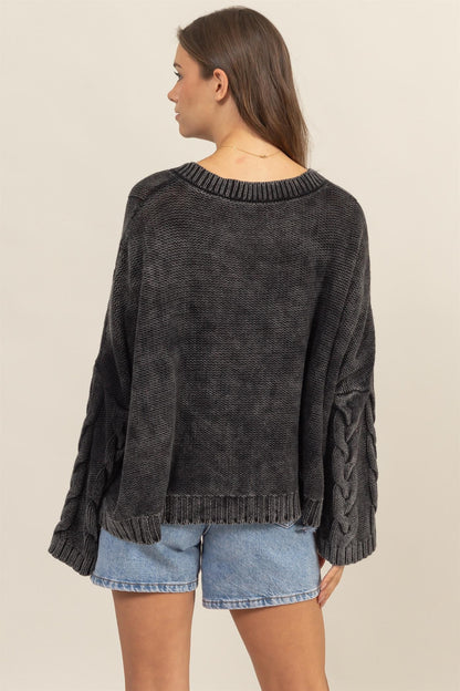 HYFVE Cable Knit V-Neck Dropped Shoulder Oversized Sweater