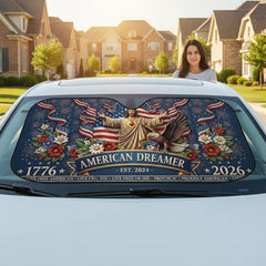 Custom Family Name Sacred Heart of Jesus and American Flag Sunshade - Personalized Faith & Patriotism