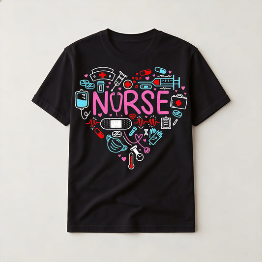 Heart Medical Tools & Stethoscope Letter Nurse Print Tee