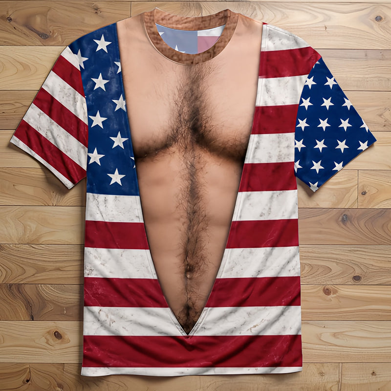 Vintage Distressed American Flag Fake Open Chest Hair Graphic T-Shirt, Funny Patriotic Novelty Tee For Independence Day Party