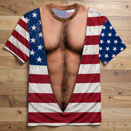 Vintage Distressed American Flag Fake Open Chest Hair Graphic T-Shirt, Funny Patriotic Novelty Tee For Independence Day Party