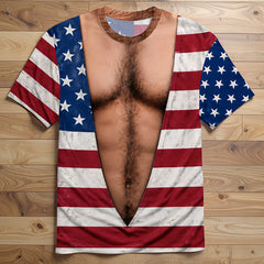 Vintage Distressed American Flag Fake Open Chest Hair Graphic T-Shirt, Funny Patriotic Novelty Tee For Independence Day Party