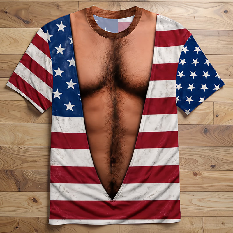 Vintage Distressed American Flag Fake Open Chest Hair Graphic T-Shirt, Funny Patriotic Novelty Tee For Independence Day Party