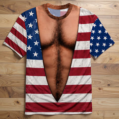 Vintage Distressed American Flag Fake Open Chest Hair Graphic T-Shirt, Funny Patriotic Novelty Tee For Independence Day Party