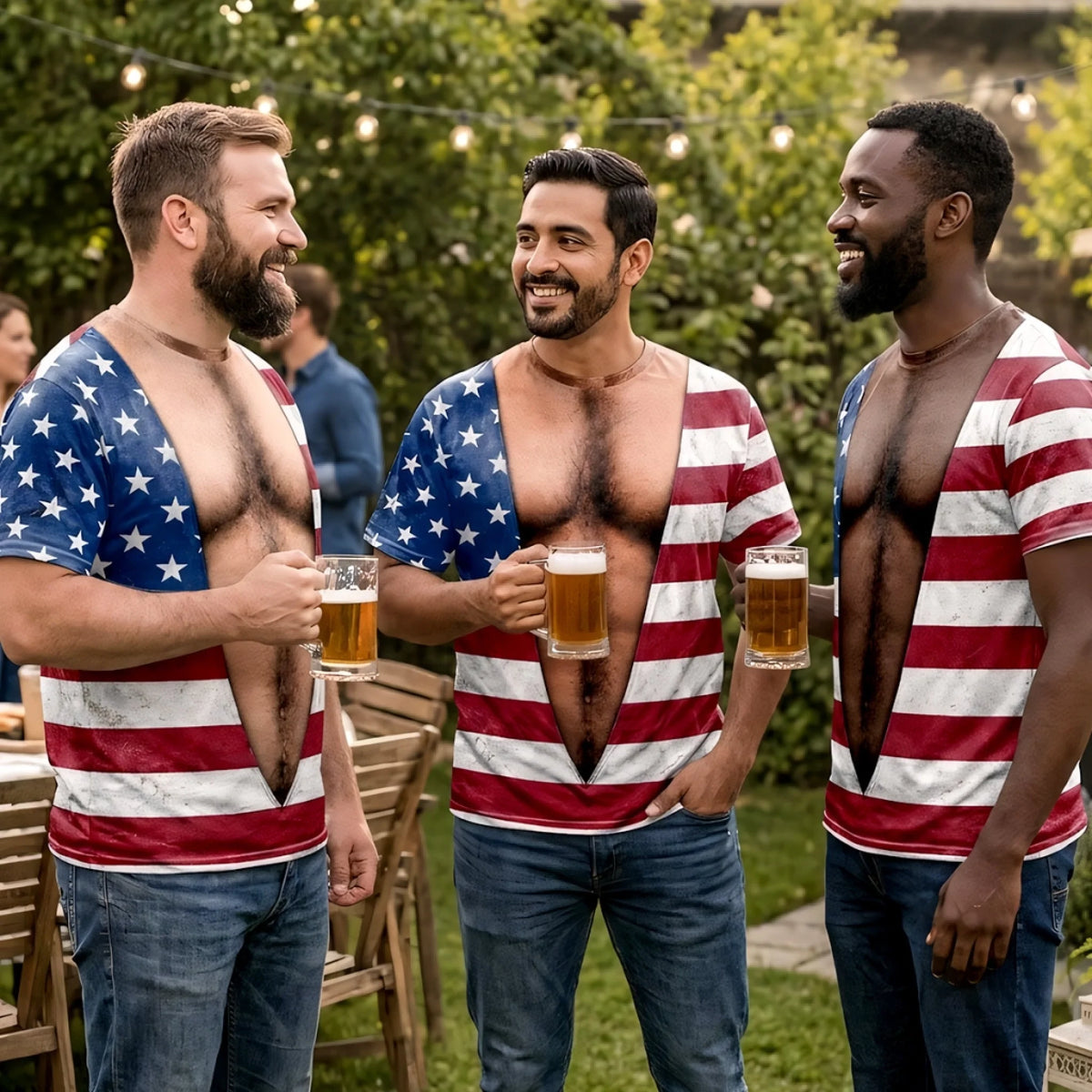 Funny Beer Belly Chest Hair USA Flag All Over Print T-Shirt, Novelty Patriotic 4th Of July Gag Gift Short Sleeve Top For Men