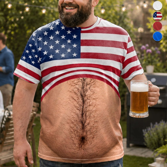 Funny Beer Belly Chest Hair USA Flag All Over Print T-Shirt, Novelty Patriotic 4th Of July Gag Gift Short Sleeve Top For Men