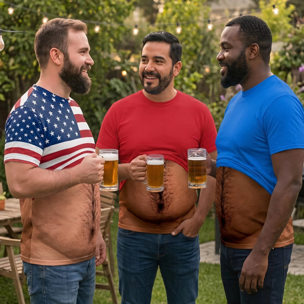 Funny Beer Belly Chest Hair USA Flag All Over Print T-Shirt, Novelty Patriotic 4th Of July Gag Gift Short Sleeve Top For Men