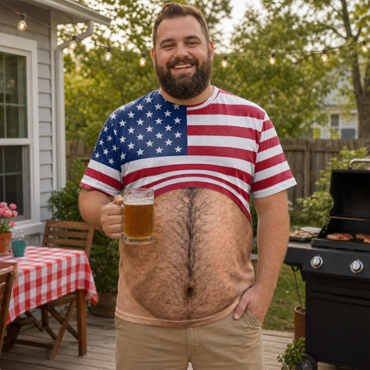 Funny Beer Belly Chest Hair USA Flag All Over Print T-Shirt, Novelty Patriotic 4th Of July Gag Gift Short Sleeve Top For Men