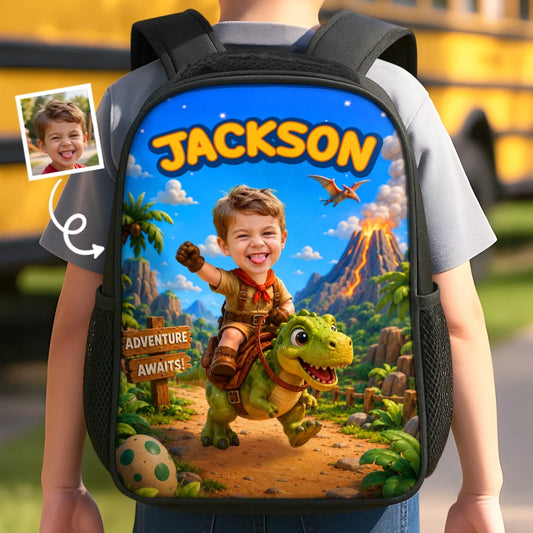 Custom Photo Kids Front Printed Backpack - Personalized Back To School Gifts For Kids - Chasing Dreams And Dinosaurs