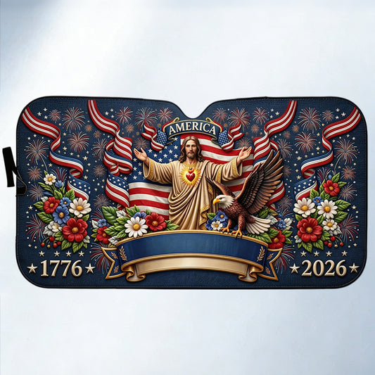 Custom Family Name Sacred Heart of Jesus and American Flag Sunshade - Personalized Faith & Patriotism