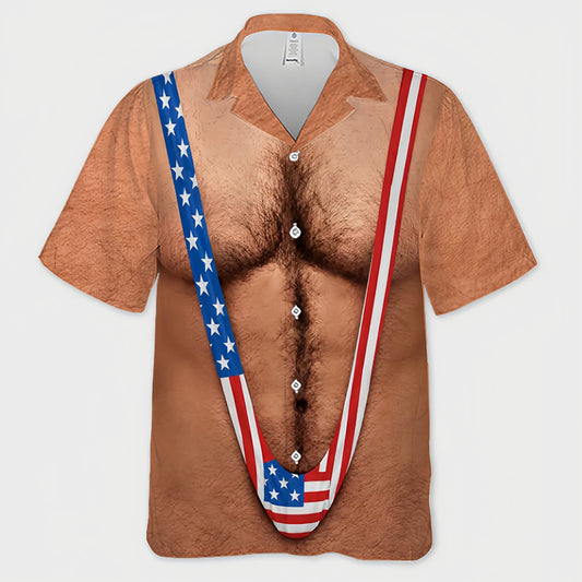 Novelty Fake Body Hair American Flag Split Print Swim Trunks, Funny Patriotic Quick Dry Board Shorts For Summer Beach Party