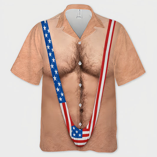 Novelty Fake Body Hair American Flag Split Print Swim Trunks, Funny Patriotic Quick Dry Board Shorts For Summer Beach Party
