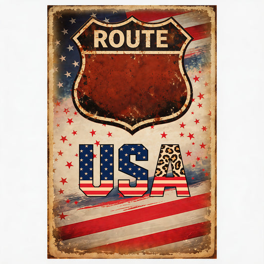 Custom Blank Route USA Leopard Print Vintage Distressed Metal Tin Sign, Personalized Text American Flag Retro Shield Wall Decor for Garage Bar Man Cave Home Decoration