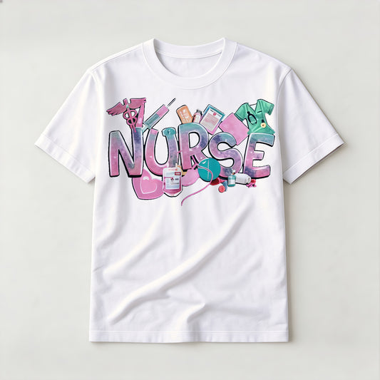 Fashion nurse lifestyle graffiti pattern white short-sleeved shirt
