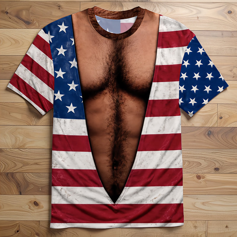Vintage Distressed American Flag Fake Open Chest Hair Graphic T-Shirt, Funny Patriotic Novelty Tee For Independence Day Party