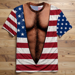 Vintage Distressed American Flag Fake Open Chest Hair Graphic T-Shirt, Funny Patriotic Novelty Tee For Independence Day Party