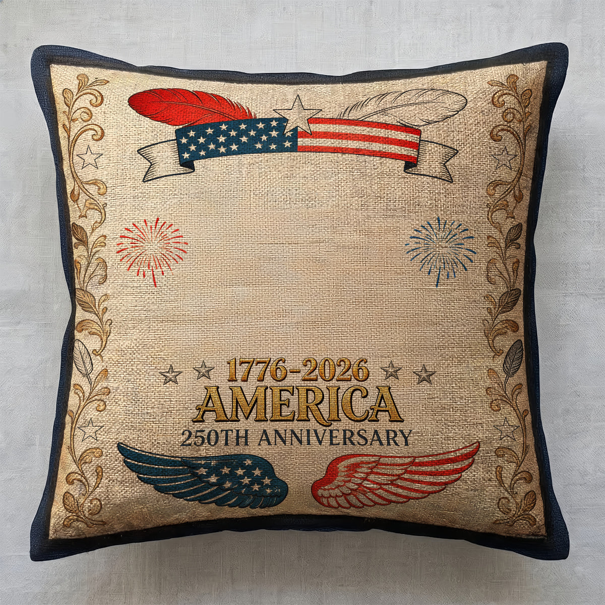 Customized Retro American Series Square Throw Pillow, Personalized Text, Patriotic Theme, 250th Anniversary Decorative Seat Cover Set
