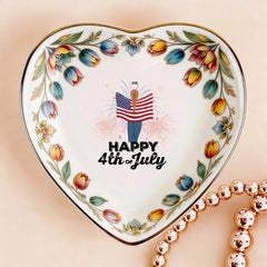Custom  Photo Ceramic Trinket Tray with Colorful Tulip Floral Border-Happy 4th of july