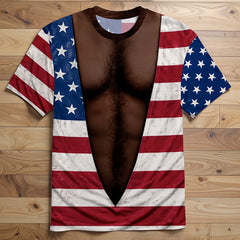 Vintage Distressed American Flag Fake Open Chest Hair Graphic T-Shirt, Funny Patriotic Novelty Tee For Independence Day Party