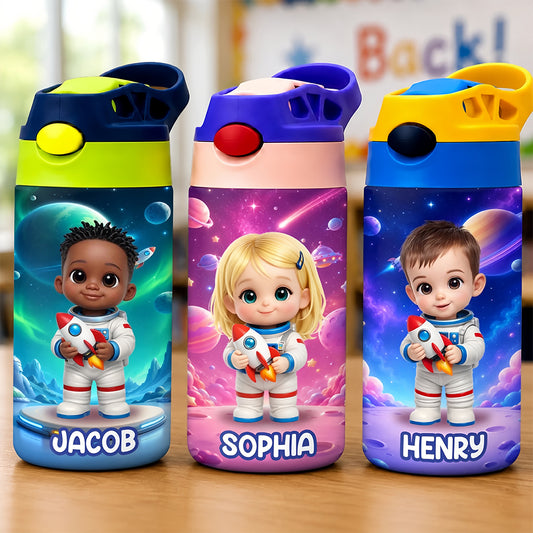 Custom Photo Kids Insulated Water Bottle - Personalized Back To School Gifts For Kids - Ready To Explore Space