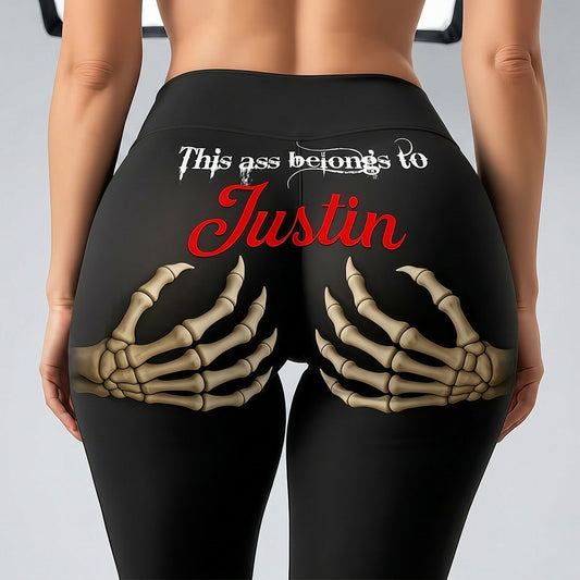 Edgy Skeleton Hand Print Black Leggings - "This Ass Belongs To" Gothic Graphic Yoga Pants - Spooky Season Streetwear