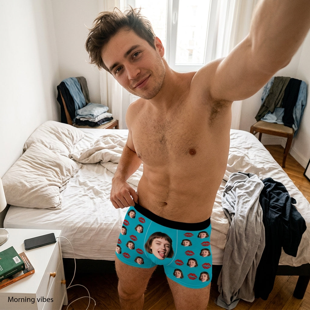 Custom Photo Kiss Me Men's Boxers – Upload Her Face on Red Lips Underwear – Unique Anniversary, Valentine's Day or Gag Gift for Him