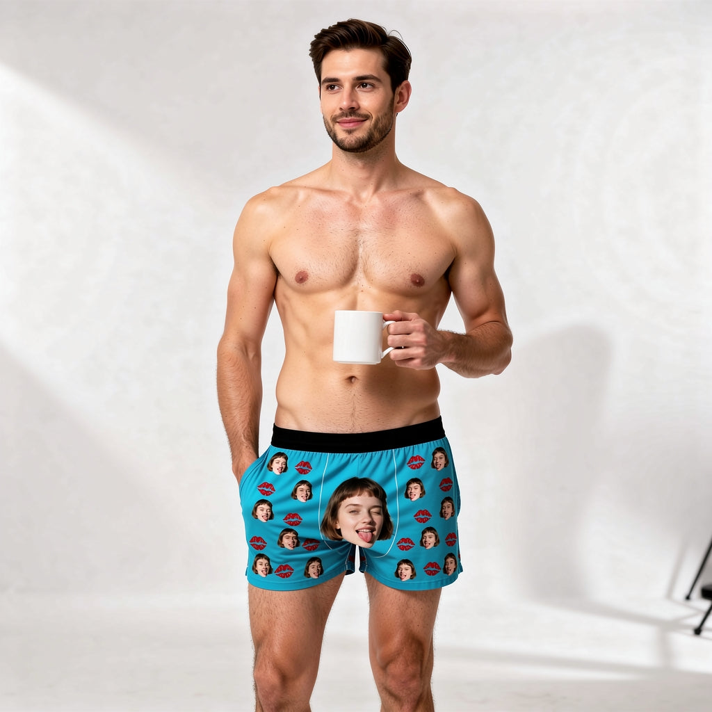 Custom Photo Kiss Me Men's Boxers – Upload Her Face on Red Lips Underwear – Unique Anniversary, Valentine's Day or Gag Gift for Him