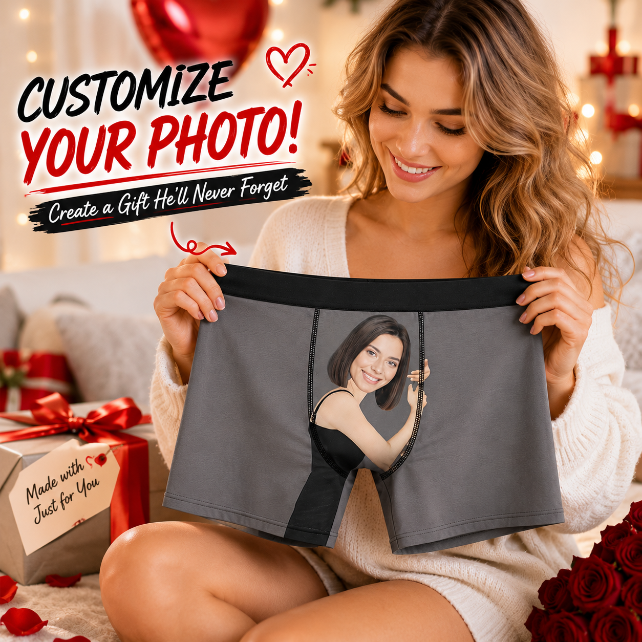 Girl Face Hug Boxer, Personalized Boxer, Funny Valentine Gift For Him, Custom Photo