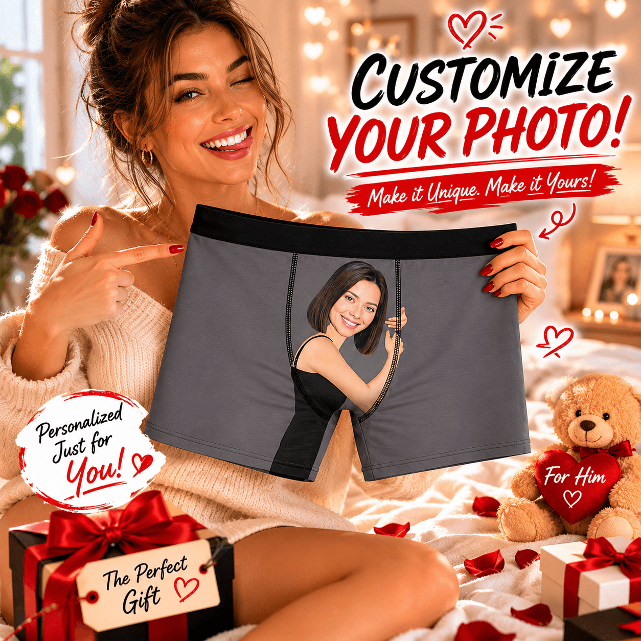 Girl Face Hug Boxer, Personalized Boxer, Funny Valentine Gift For Him, Custom Photo