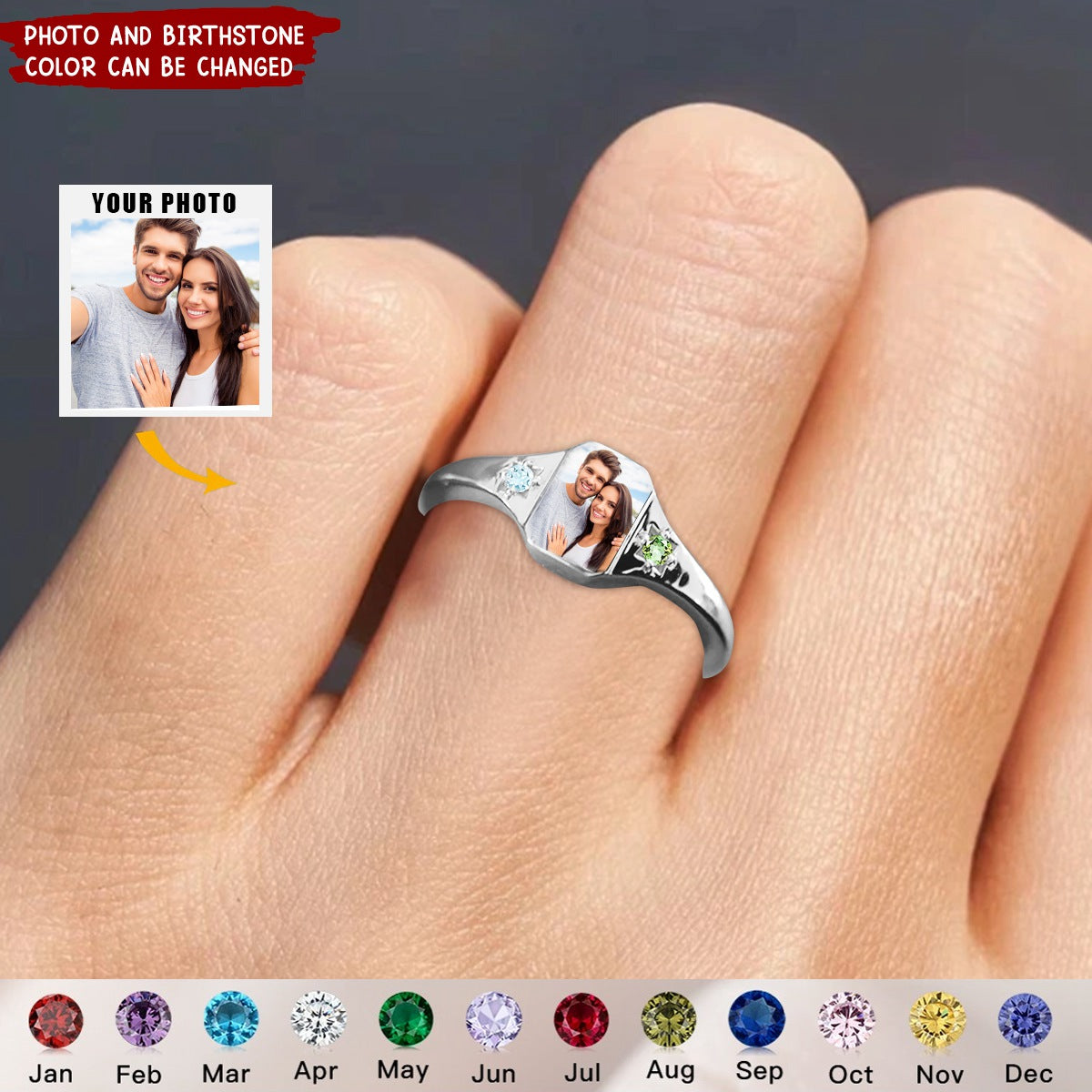 Personalized Couple Photo Birthstone Custom Ring
