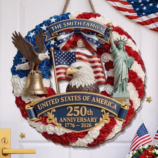 Custom Wood Sign - Personalized America 250th Anniversary Gifts For Mom, Dad, Brother, Sister, Kids - Proud American Family