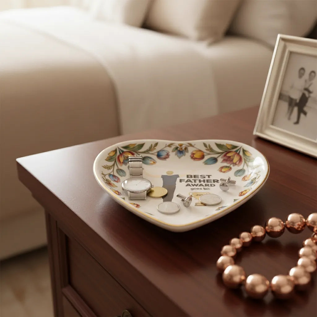 Custom  Photo Ceramic Trinket Tray with Colorful Tulip Floral Border-Best father award