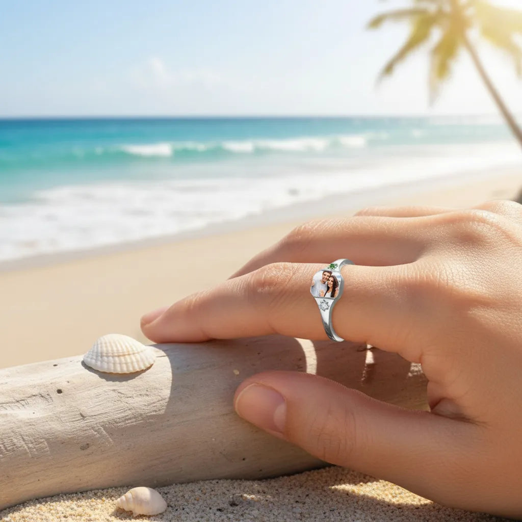 Personalized Couple Photo Birthstone Custom Ring