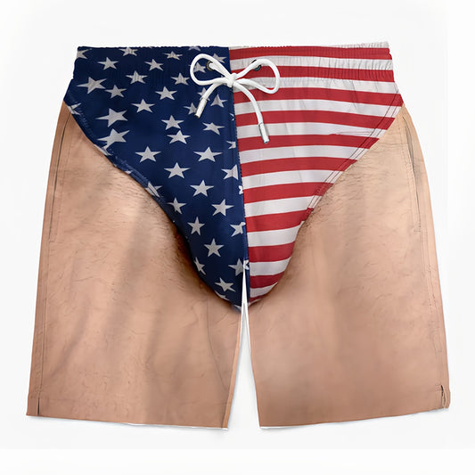Novelty Fake Body Hair American Flag Split Print Swim Trunks, Funny Patriotic Quick Dry Board Shorts For Summer Beach Party
