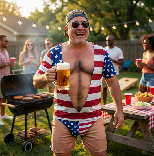 Novelty Fake Body Hair American Flag Split Print Swim Trunks, Funny Patriotic Quick Dry Board Shorts For Summer Beach Party
