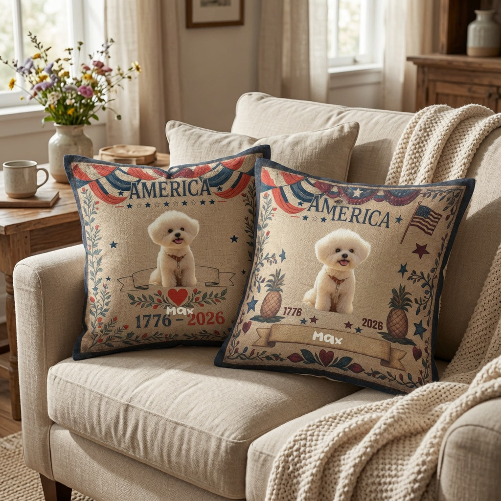 Customized retro American-style square throw pillows featuring 250th anniversary patriotic-themed personalized images and text