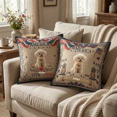 Customized retro American-style square throw pillows featuring 250th anniversary patriotic-themed personalized images and text