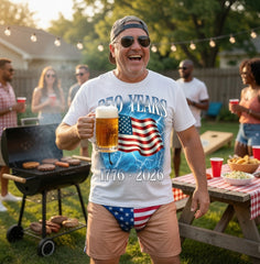 Novelty Fake Body Hair American Flag Split Print Swim Trunks, Funny Patriotic Quick Dry Board Shorts For Summer Beach Party