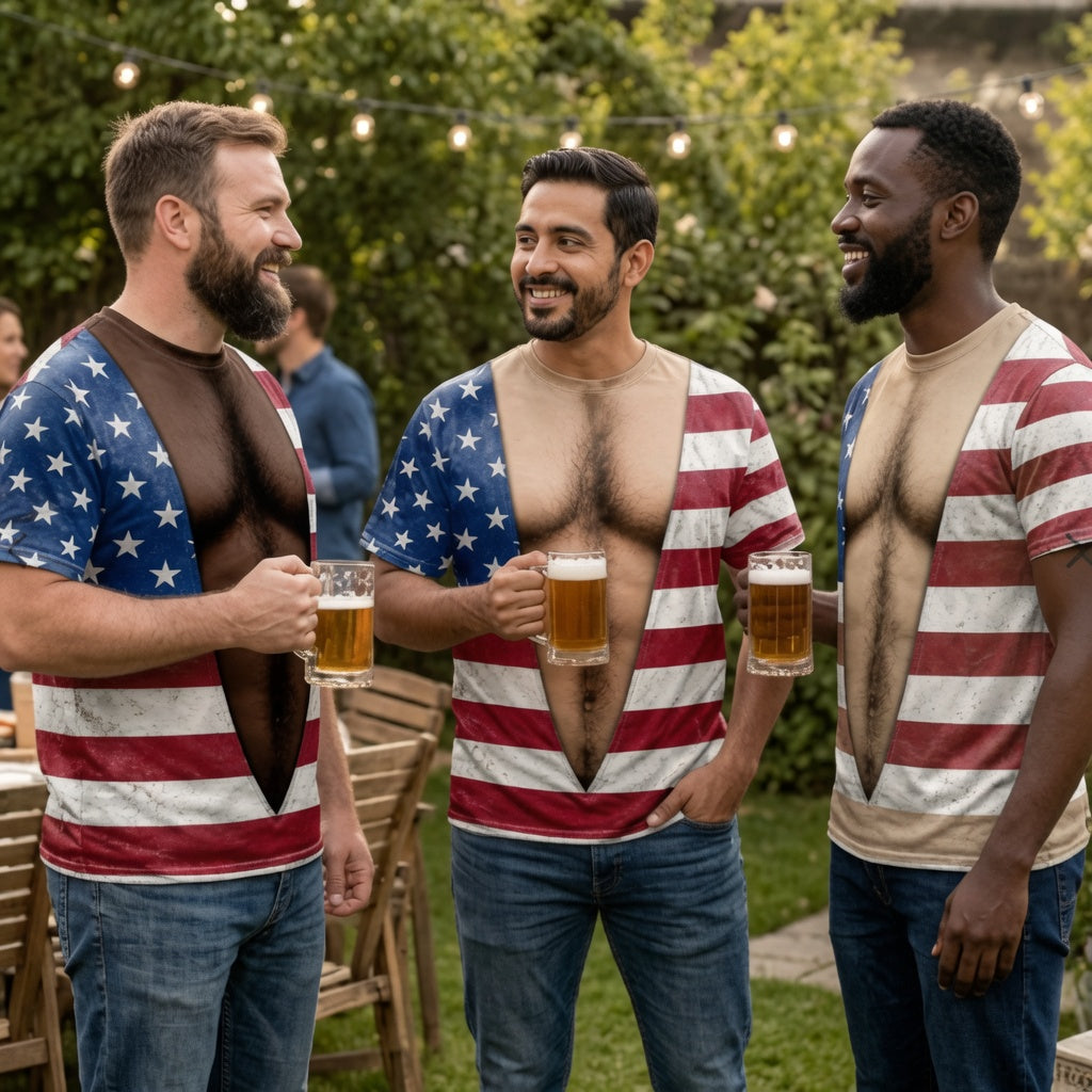 Vintage Distressed American Flag Fake Open Chest Hair Graphic T-Shirt, Funny Patriotic Novelty Tee For Independence Day Party