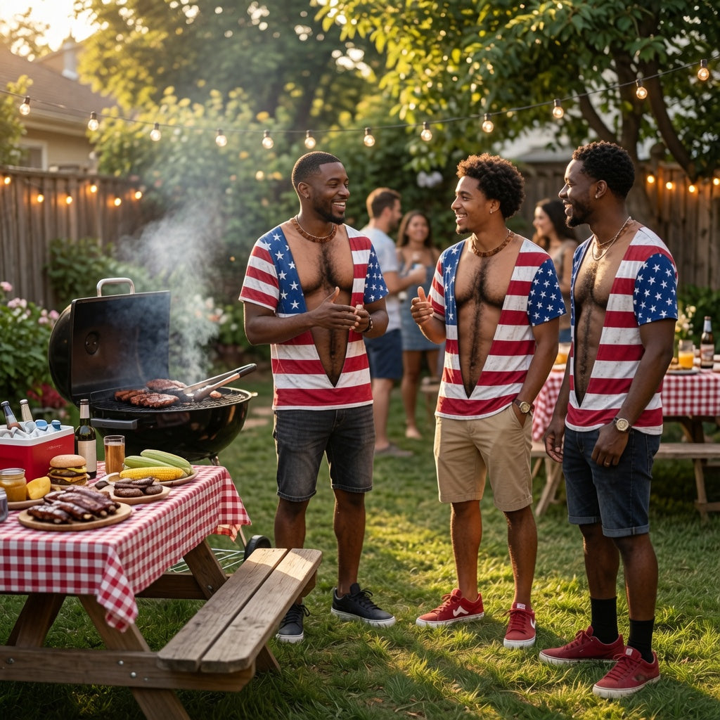 Vintage Distressed American Flag Fake Open Chest Hair Graphic T-Shirt, Funny Patriotic Novelty Tee For Independence Day Party