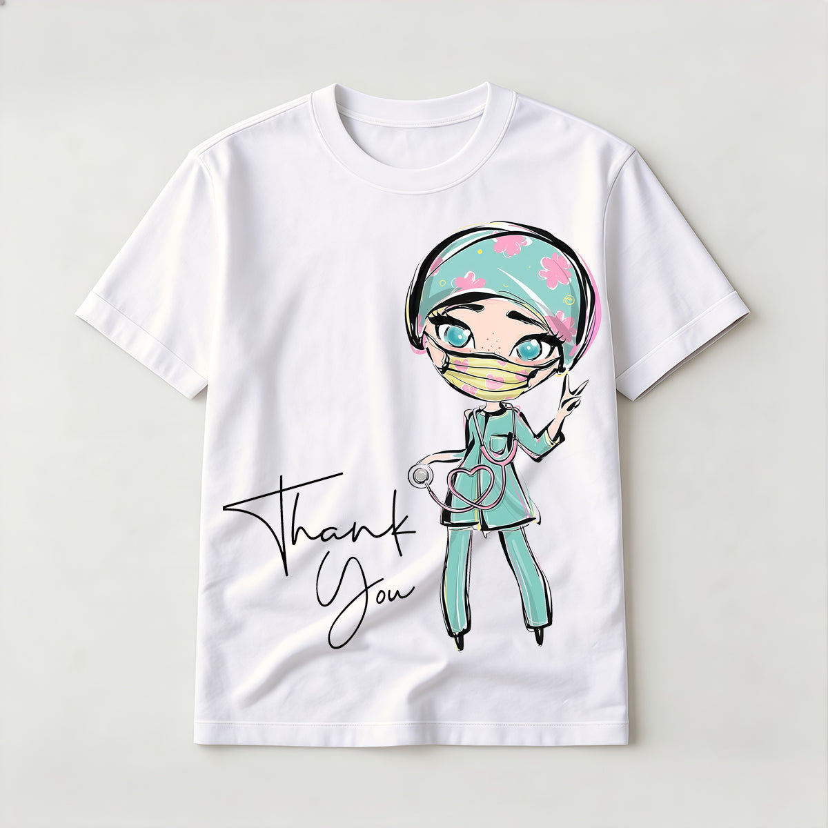 Fashion nurse lifestyle graffiti pattern white short-sleeved shirt